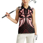 Maori Rugby Custom Ngaru Mangopare Women Sleeveless Polo Shirt Black Red Whetu Niho Taniwha Motif