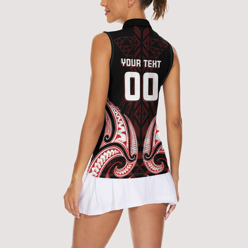 Maori Rugby Custom Ngaru Mangopare Women Sleeveless Polo Shirt Black Red Whetu Niho Taniwha Motif