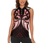 Maori Rugby Custom Ngaru Mangopare Women Sleeveless Polo Shirt Black Red Whetu Niho Taniwha Motif