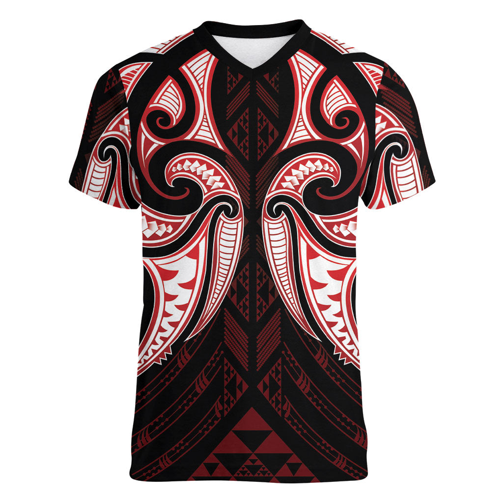 Maori Rugby Custom Ngaru Mangopare Women V-Neck T-Shirt Black Red Whetu Niho Taniwha Motif