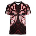 Maori Rugby Custom Ngaru Mangopare Women V-Neck T-Shirt Black Red Whetu Niho Taniwha Motif