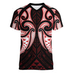 Maori Rugby Custom Ngaru Mangopare Women V-Neck T-Shirt Black Red Whetu Niho Taniwha Motif