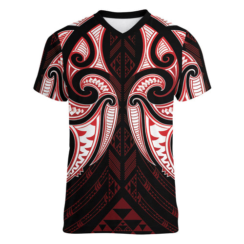 Maori Rugby Custom Ngaru Mangopare Women V-Neck T-Shirt Black Red Whetu Niho Taniwha Motif