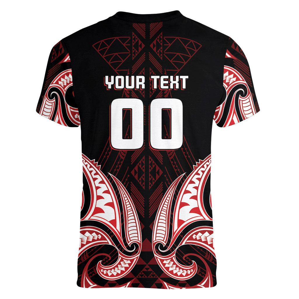 Maori Rugby Custom Ngaru Mangopare Women V-Neck T-Shirt Black Red Whetu Niho Taniwha Motif