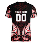 Maori Rugby Custom Ngaru Mangopare Women V-Neck T-Shirt Black Red Whetu Niho Taniwha Motif