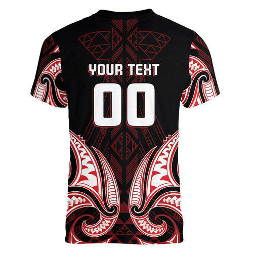 Maori Rugby Custom Ngaru Mangopare Women V-Neck T-Shirt Black Red Whetu Niho Taniwha Motif