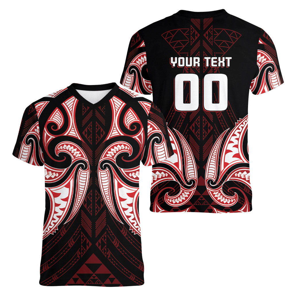Maori Rugby Custom Ngaru Mangopare Women V-Neck T-Shirt Black Red Whetu Niho Taniwha Motif