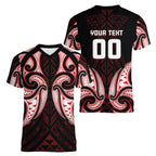 Maori Rugby Custom Ngaru Mangopare Women V-Neck T-Shirt Black Red Whetu Niho Taniwha Motif