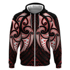Maori Rugby Custom Ngaru Mangopare Zip Hoodie Black Red Whetu Niho Taniwha Motif