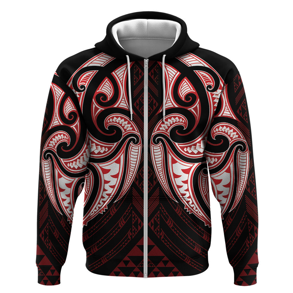 Maori Rugby Custom Ngaru Mangopare Zip Hoodie Black Red Whetu Niho Taniwha Motif