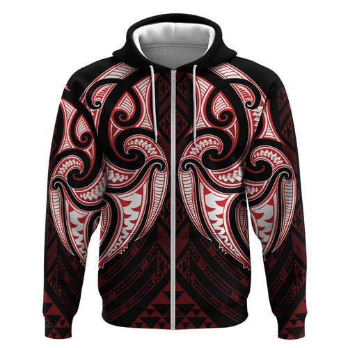 Maori Rugby Custom Ngaru Mangopare Zip Hoodie Black Red Whetu Niho Taniwha Motif