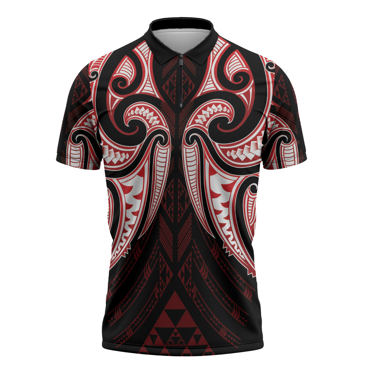 Maori Rugby Custom Ngaru Mangopare Zipper Polo Shirt Black Red Whetu Niho Taniwha Motif