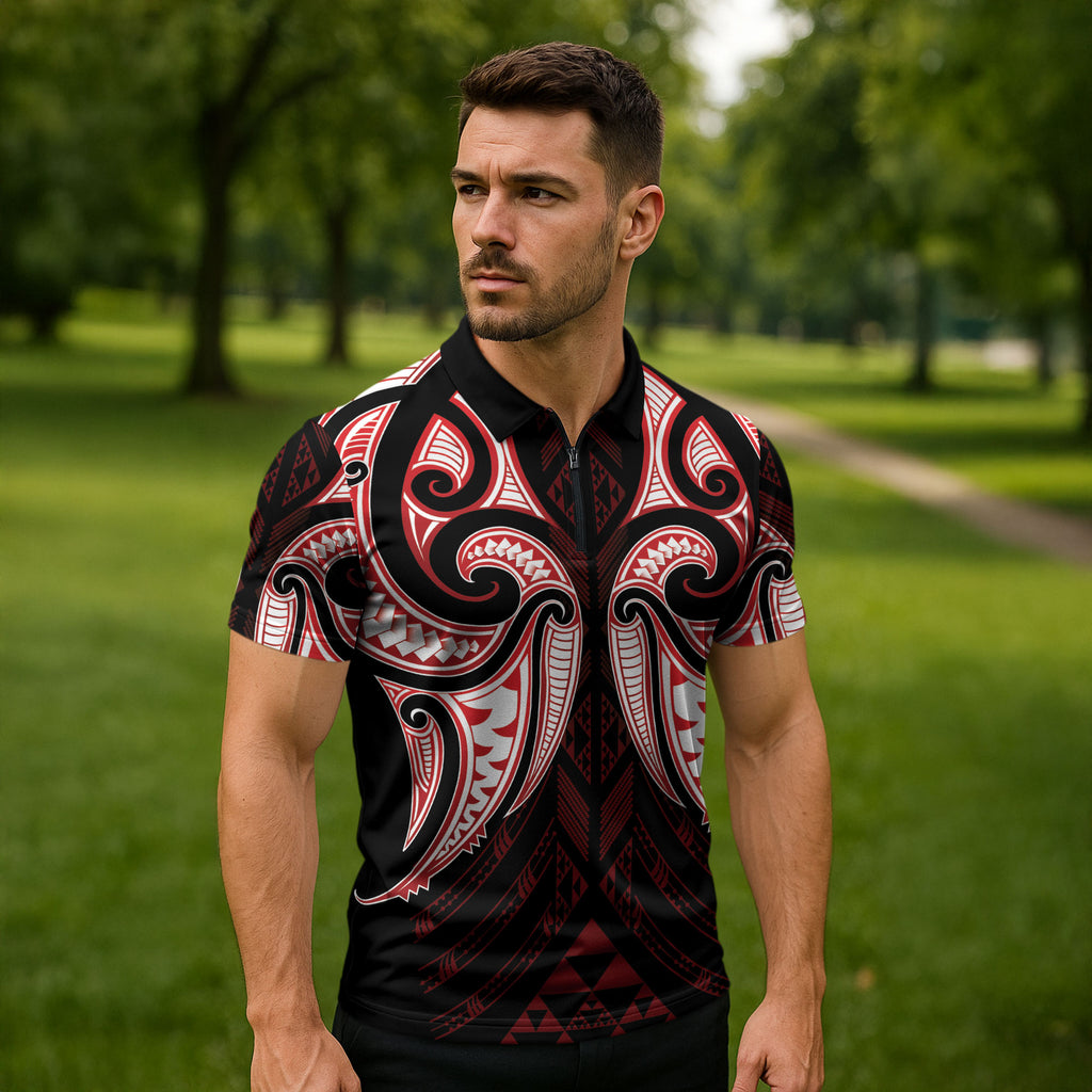 Maori Rugby Custom Ngaru Mangopare Zipper Polo Shirt Black Red Whetu Niho Taniwha Motif