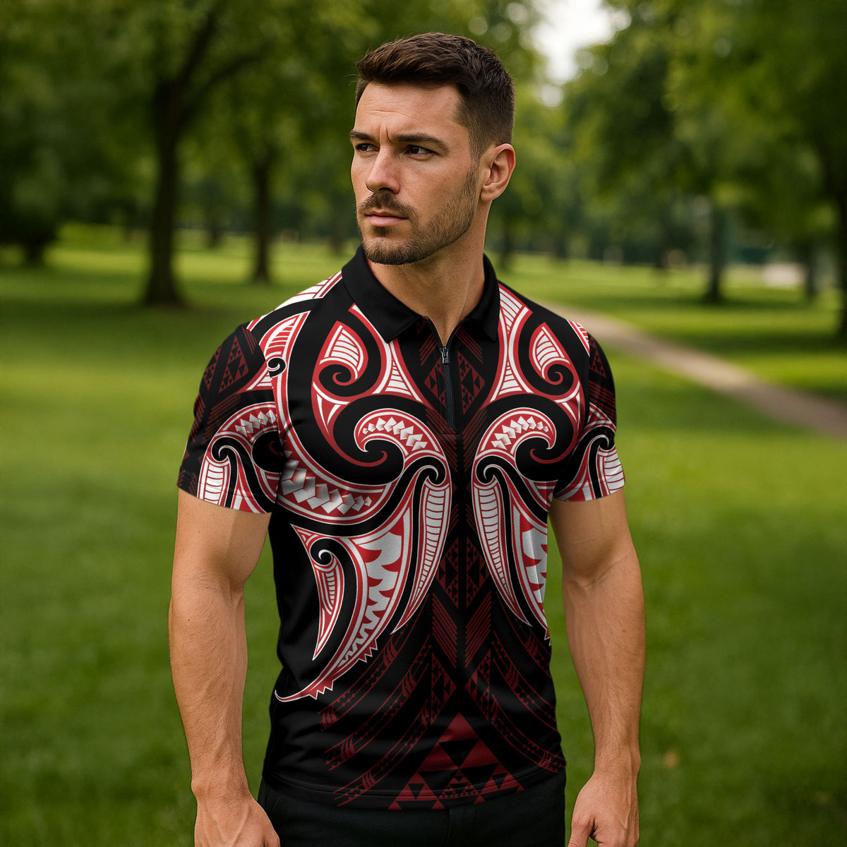 Maori Rugby Custom Ngaru Mangopare Zipper Polo Shirt Black Red Whetu Niho Taniwha Motif