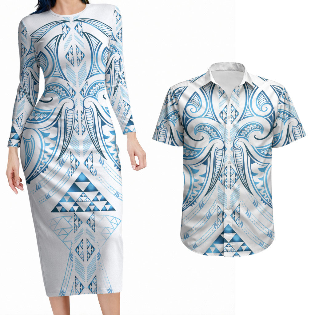 Maori Rugby Custom Ngaru Mangopare Couples Matching Long Sleeve Bodycon Dress and Hawaiian Shirt Kahui Whetu Niho Taniwha Motif
