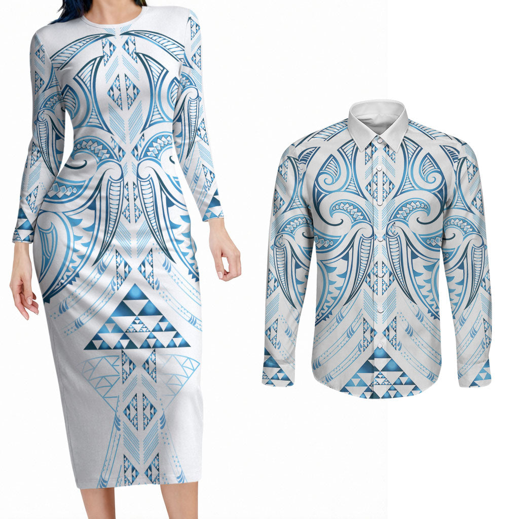 Maori Rugby Custom Ngaru Mangopare Couples Matching Long Sleeve Bodycon Dress and Long Sleeve Button Shirt Kahui Whetu Niho Taniwha Motif