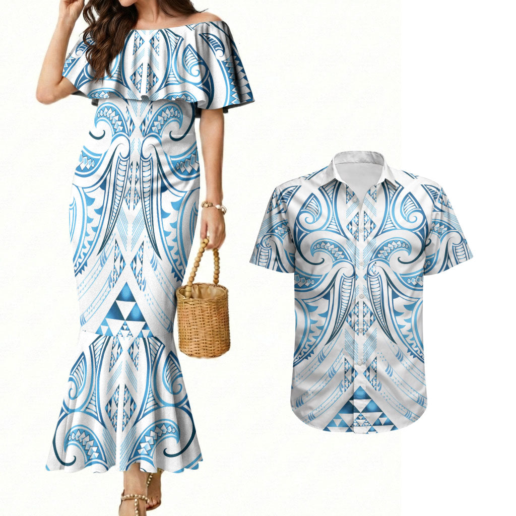 Maori Rugby Custom Ngaru Mangopare Couples Matching Mermaid Dress and Hawaiian Shirt Kahui Whetu Niho Taniwha Motif