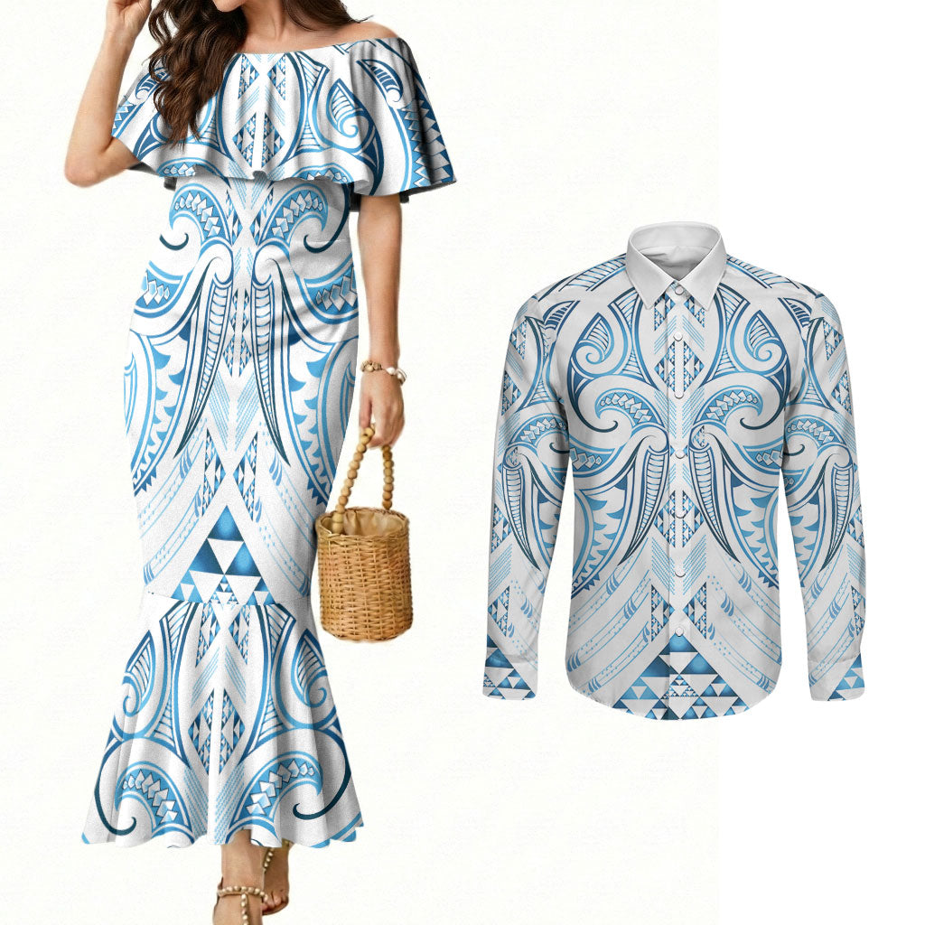 Maori Rugby Custom Ngaru Mangopare Couples Matching Mermaid Dress and Long Sleeve Button Shirt Kahui Whetu Niho Taniwha Motif
