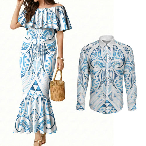 Maori Rugby Custom Ngaru Mangopare Couples Matching Mermaid Dress and Long Sleeve Button Shirt Kahui Whetu Niho Taniwha Motif