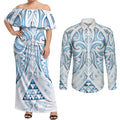 Maori Rugby Custom Ngaru Mangopare Couples Matching Off Shoulder Maxi Dress and Long Sleeve Button Shirt Kahui Whetu Niho Taniwha Motif