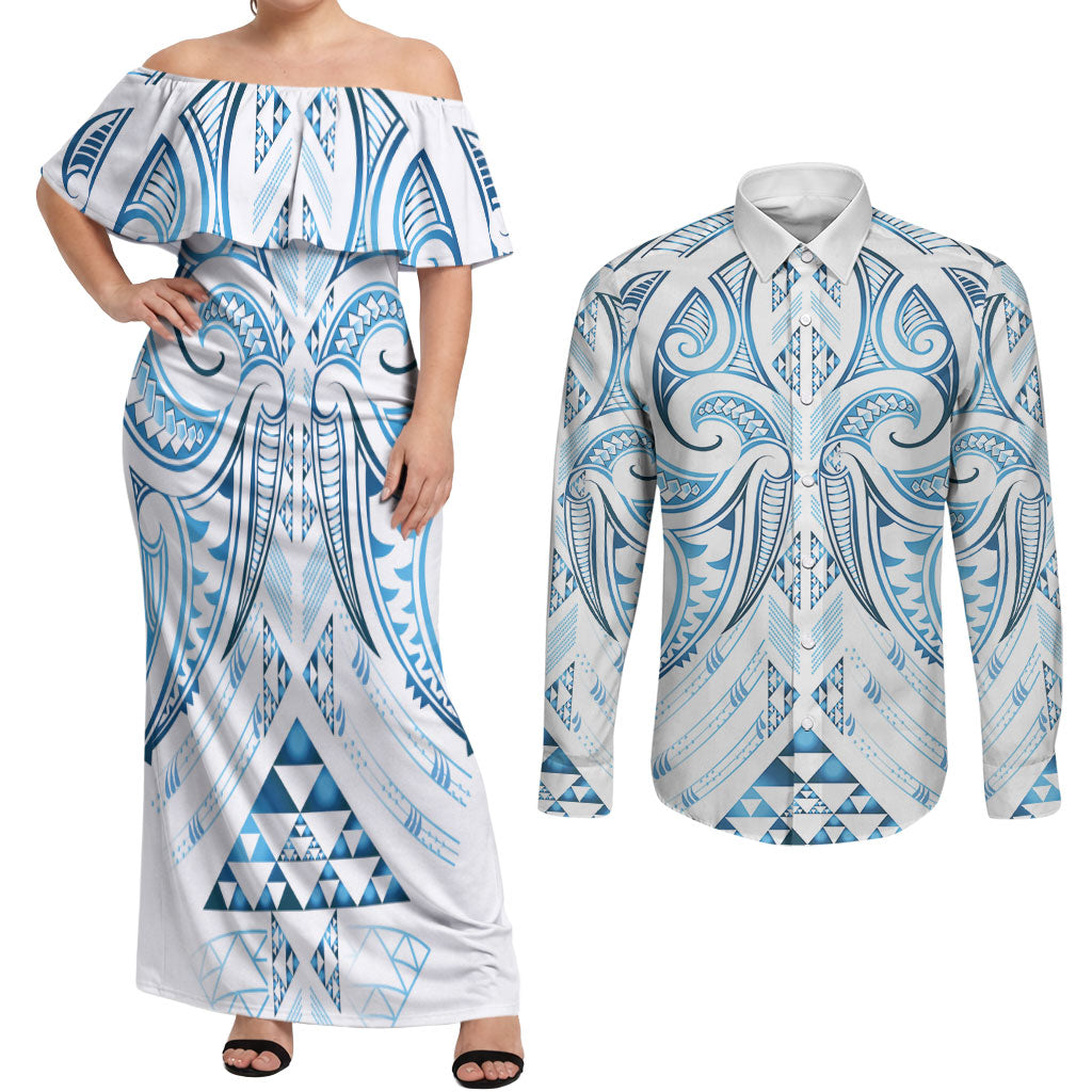 Maori Rugby Custom Ngaru Mangopare Couples Matching Off Shoulder Maxi Dress and Long Sleeve Button Shirt Kahui Whetu Niho Taniwha Motif