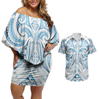 Maori Rugby Custom Ngaru Mangopare Couples Matching Off Shoulder Short Dress and Hawaiian Shirt Kahui Whetu Niho Taniwha Motif