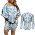 Maori Rugby Custom Ngaru Mangopare Couples Matching Off Shoulder Short Dress and Long Sleeve Button Shirt Kahui Whetu Niho Taniwha Motif