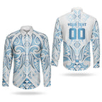 Maori Rugby Custom Ngaru Mangopare Couples Matching Off Shoulder Short Dress and Long Sleeve Button Shirt Kahui Whetu Niho Taniwha Motif