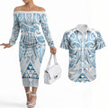 Maori Rugby Custom Ngaru Mangopare Couples Matching Off The Shoulder Long Sleeve Dress and Hawaiian Shirt Kahui Whetu Niho Taniwha Motif