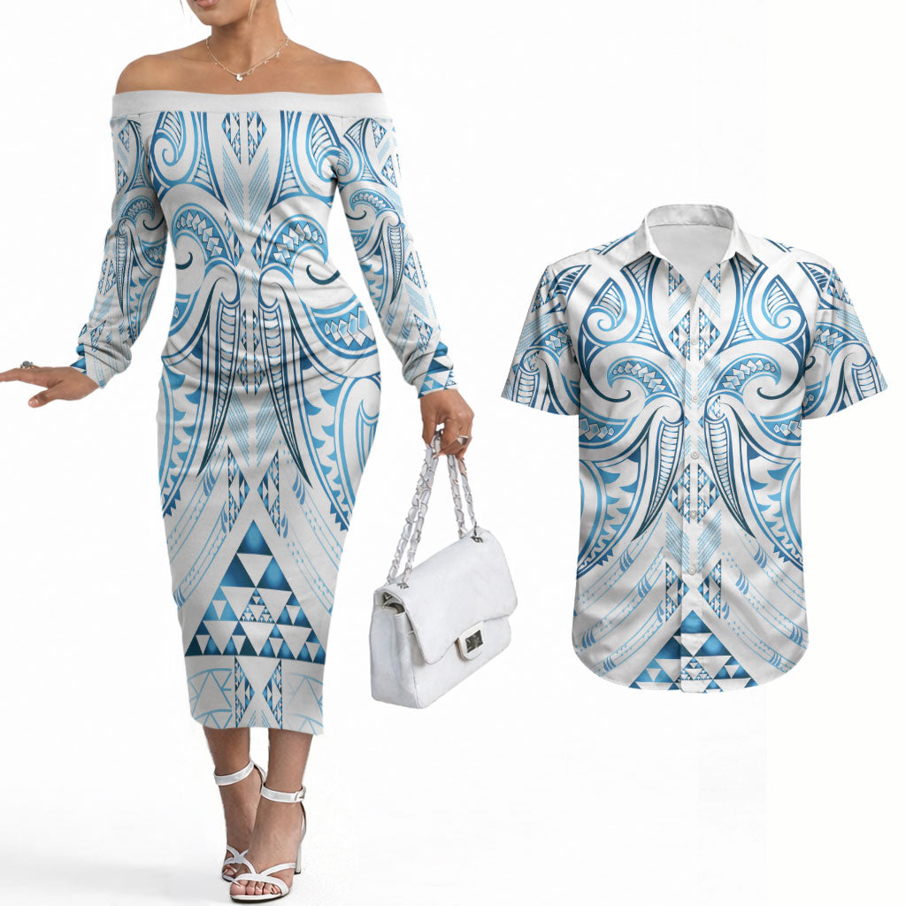 Maori Rugby Custom Ngaru Mangopare Couples Matching Off The Shoulder Long Sleeve Dress and Hawaiian Shirt Kahui Whetu Niho Taniwha Motif