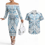 Maori Rugby Custom Ngaru Mangopare Couples Matching Off The Shoulder Long Sleeve Dress and Hawaiian Shirt Kahui Whetu Niho Taniwha Motif