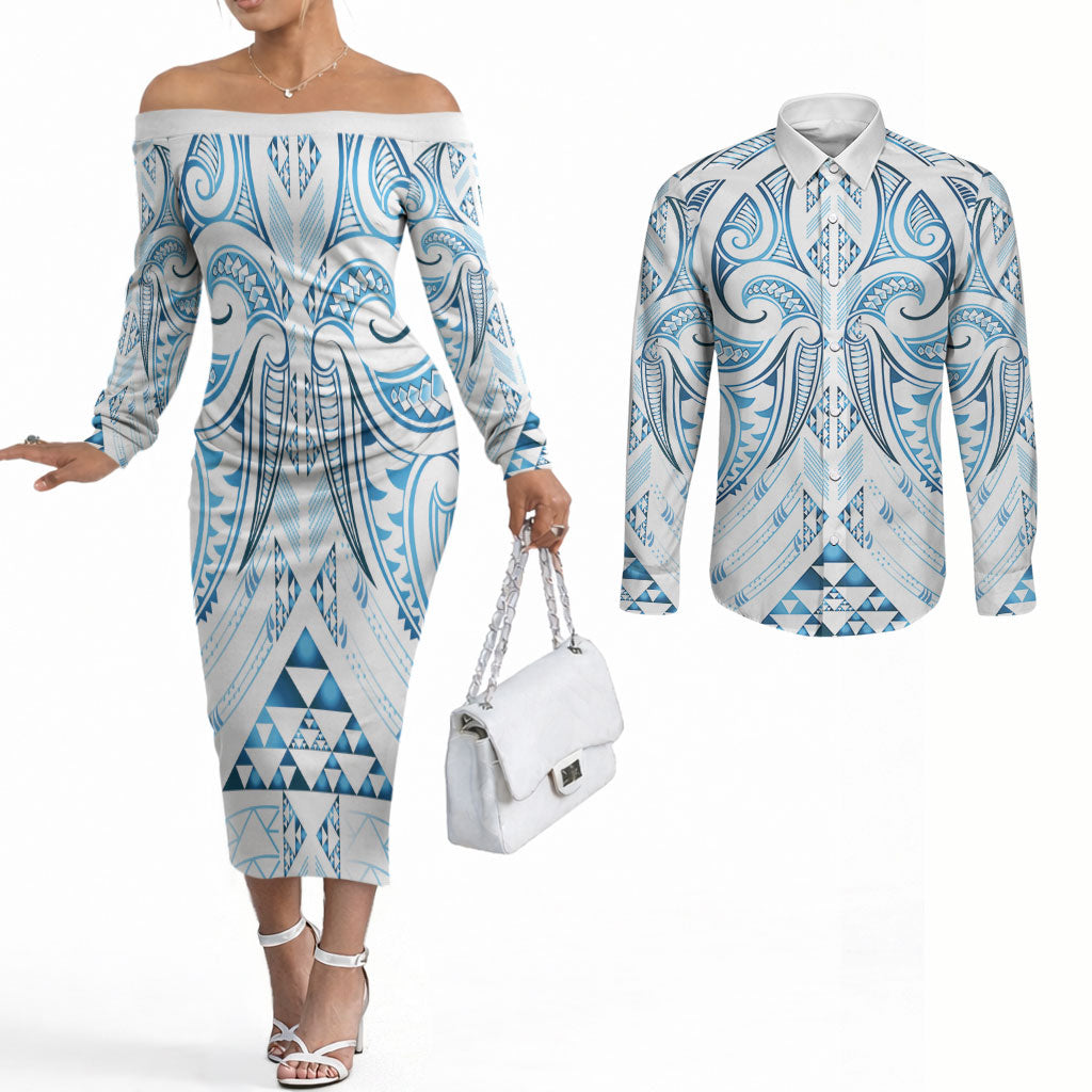 Maori Rugby Custom Ngaru Mangopare Couples Matching Off The Shoulder Long Sleeve Dress and Long Sleeve Button Shirt Kahui Whetu Niho Taniwha Motif