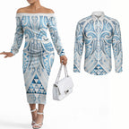 Maori Rugby Custom Ngaru Mangopare Couples Matching Off The Shoulder Long Sleeve Dress and Long Sleeve Button Shirt Kahui Whetu Niho Taniwha Motif