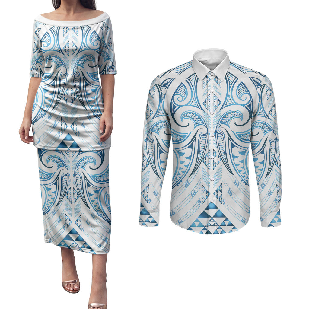 Maori Rugby Custom Ngaru Mangopare Couples Matching Puletasi and Long Sleeve Button Shirt Kahui Whetu Niho Taniwha Motif
