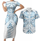 Maori Rugby Custom Ngaru Mangopare Couples Matching Short Sleeve Bodycon Dress and Hawaiian Shirt Kahui Whetu Niho Taniwha Motif