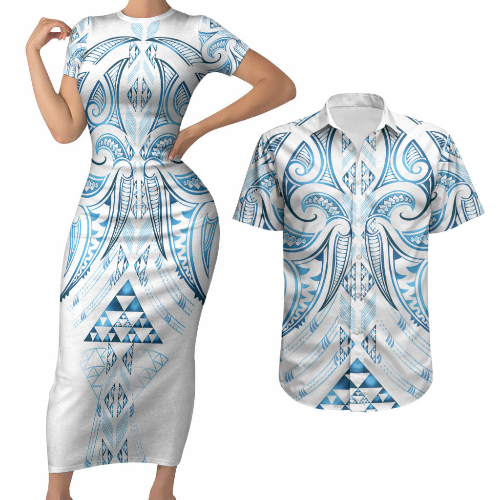 Maori Rugby Custom Ngaru Mangopare Couples Matching Short Sleeve Bodycon Dress and Hawaiian Shirt Kahui Whetu Niho Taniwha Motif