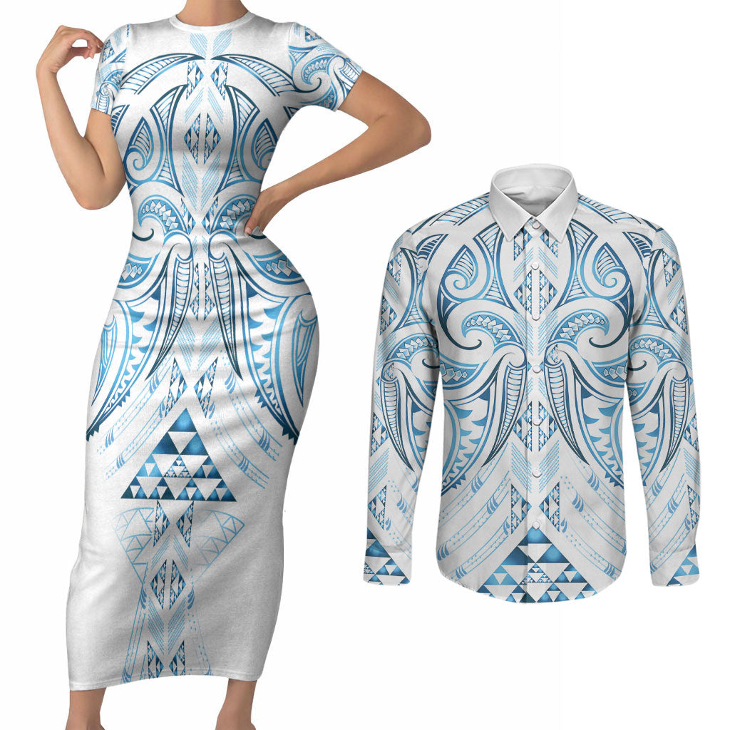 Maori Rugby Custom Ngaru Mangopare Couples Matching Short Sleeve Bodycon Dress and Long Sleeve Button Shirt Kahui Whetu Niho Taniwha Motif