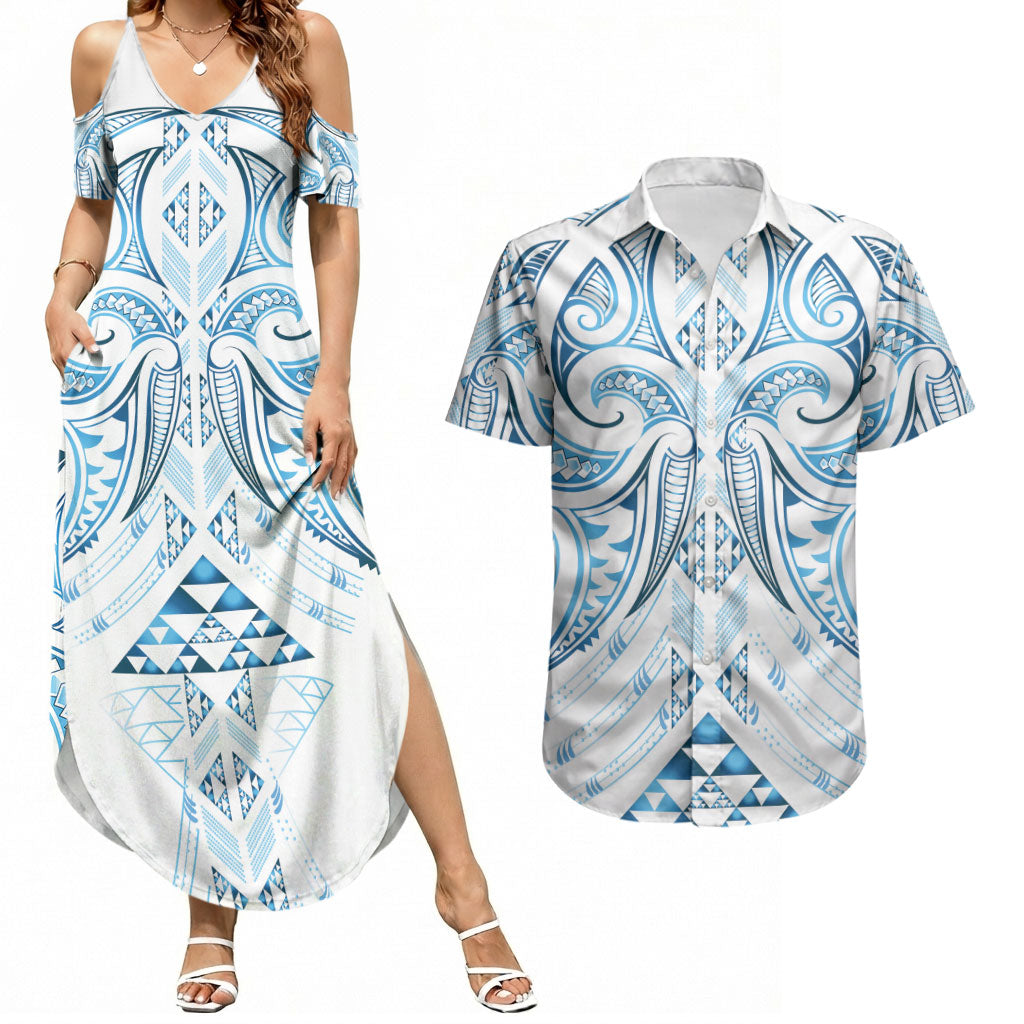Maori Rugby Custom Ngaru Mangopare Couples Matching Summer Maxi Dress and Hawaiian Shirt Kahui Whetu Niho Taniwha Motif