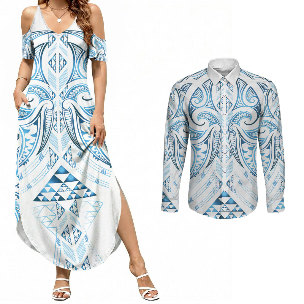 Maori Rugby Custom Ngaru Mangopare Couples Matching Summer Maxi Dress and Long Sleeve Button Shirt Kahui Whetu Niho Taniwha Motif