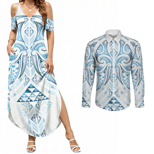 Maori Rugby Custom Ngaru Mangopare Couples Matching Summer Maxi Dress and Long Sleeve Button Shirt Kahui Whetu Niho Taniwha Motif