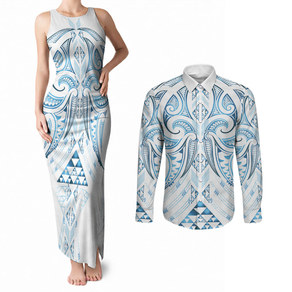 Maori Rugby Custom Ngaru Mangopare Couples Matching Tank Maxi Dress and Long Sleeve Button Shirt Kahui Whetu Niho Taniwha Motif