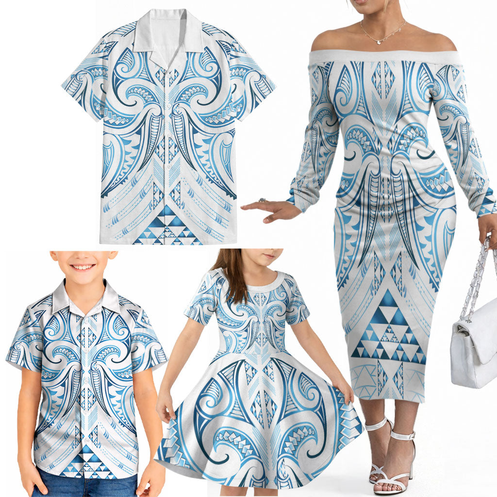 Maori Rugby Custom Ngaru Mangopare Family Matching Off The Shoulder Long Sleeve Dress and Hawaiian Shirt Kahui Whetu Niho Taniwha Motif