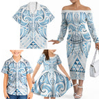 Maori Rugby Custom Ngaru Mangopare Family Matching Off The Shoulder Long Sleeve Dress and Hawaiian Shirt Kahui Whetu Niho Taniwha Motif