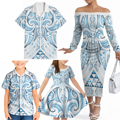 Maori Rugby Custom Ngaru Mangopare Family Matching Off The Shoulder Long Sleeve Dress and Hawaiian Shirt Kahui Whetu Niho Taniwha Motif