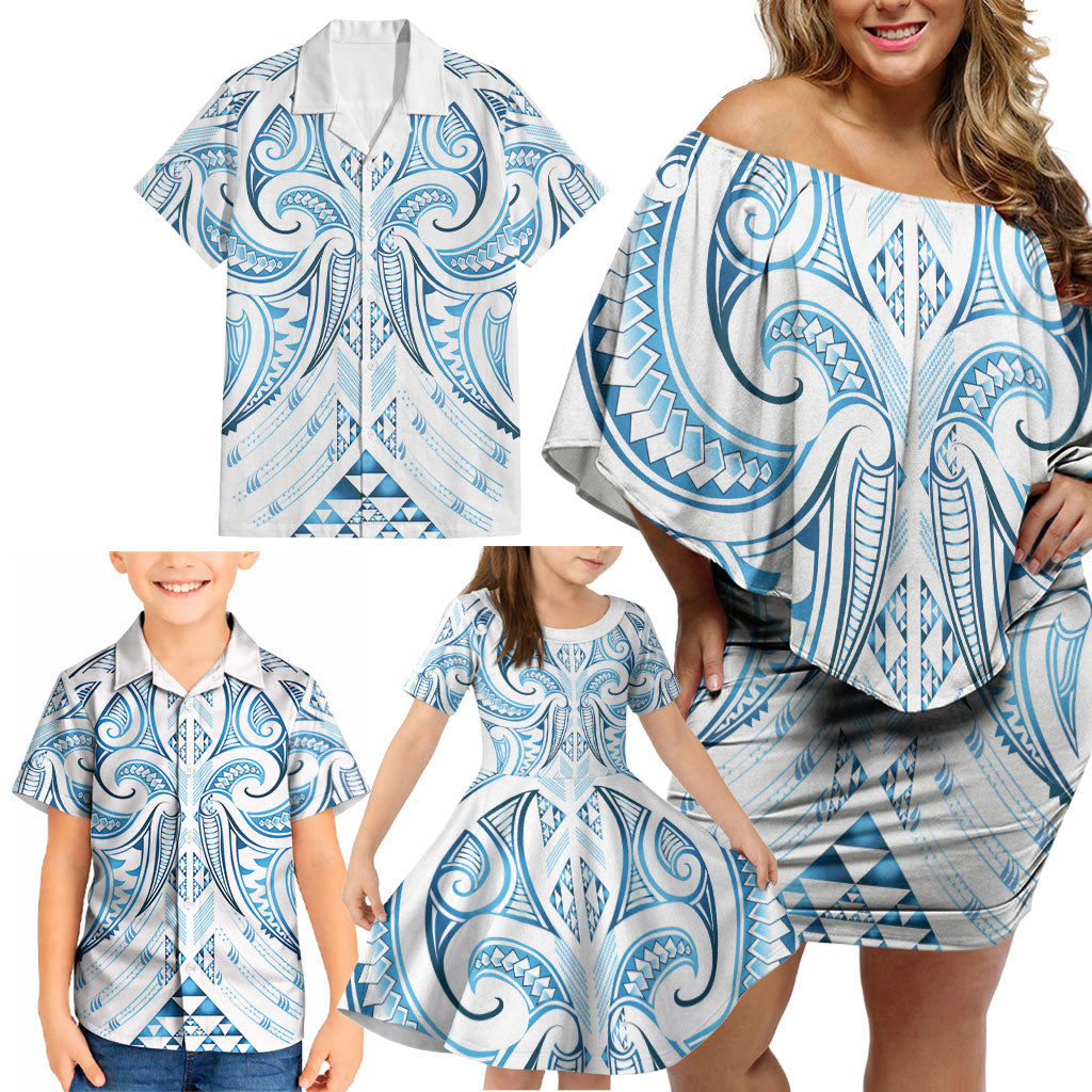 Maori Rugby Custom Ngaru Mangopare Family Matching Off Shoulder Short Dress and Hawaiian Shirt Kahui Whetu Niho Taniwha Motif