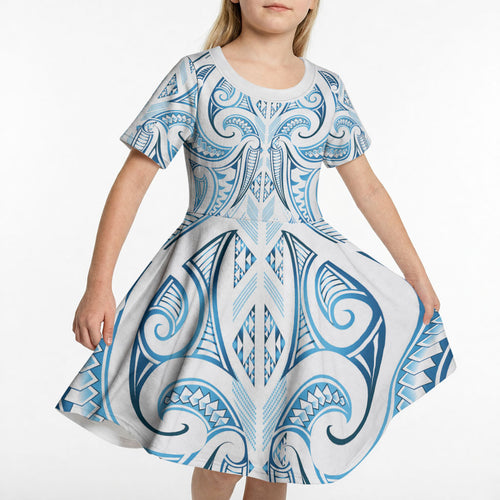 Maori Rugby Custom Ngaru Mangopare Kid Short Sleeve Dress Kahui Whetu Niho Taniwha Motif
