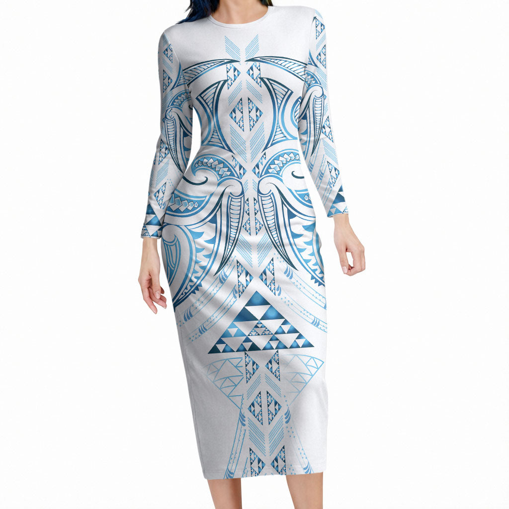 Maori Rugby Custom Ngaru Mangopare Long Sleeve Bodycon Dress Kahui Whetu Niho Taniwha Motif