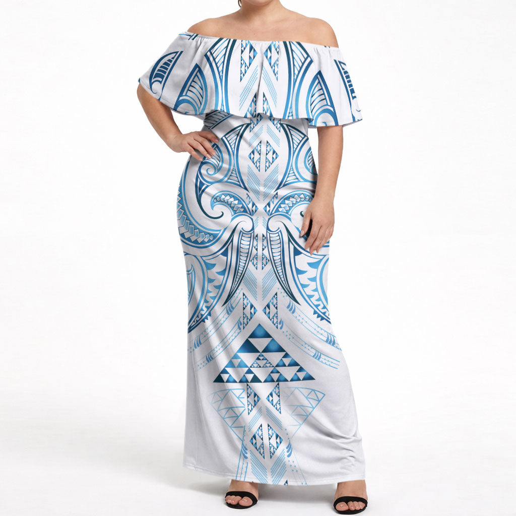 Maori Rugby Custom Ngaru Mangopare Off Shoulder Maxi Dress Kahui Whetu Niho Taniwha Motif