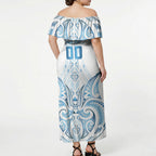 Maori Rugby Custom Ngaru Mangopare Off Shoulder Maxi Dress Kahui Whetu Niho Taniwha Motif