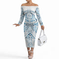 Maori Rugby Custom Ngaru Mangopare Off The Shoulder Long Sleeve Dress Kahui Whetu Niho Taniwha Motif